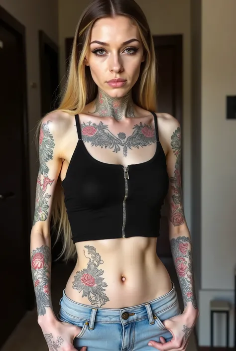 detailed eyes,premium full body portrait, slender woman with long straight blonde-dyed dark hair, urban style tattoos covering visible skin, wearing tank top with a zipper, wearing tight low-waisted jeans, intense direct gaze at viewer, stern commanding ex...