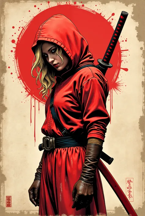 Young western ninja. She looks down seriously. batom vermelho. Vista de frente. The body is effectively curved. seios pequenos. Shoulders are thrown back. The arms are loosely lowered along the body. The head is slightly turned toward the observer. A piece...