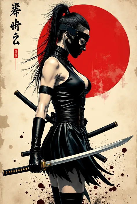 Young Asian ninja woman. She looks down seriously. ninja mask on her face. Vista de frente. The body is effectively curved. seios enormes. corpo voluptuoso, forte. Shoulders are thrown back. The arms are loosely lowered along the body. The head is slightl...