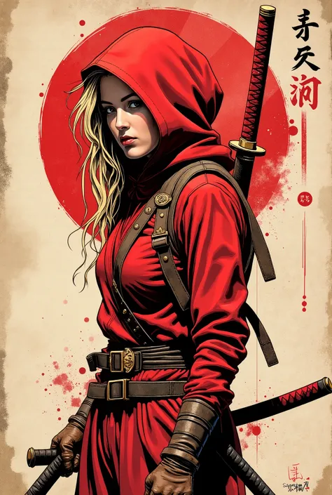 Young western ninja. She looks down seriously. batom vermelho. Vista de frente. The body is effectively curved. seios pequenos. Shoulders are thrown back. The arms are loosely lowered along the body. The head is slightly turned toward the observer. A piece...