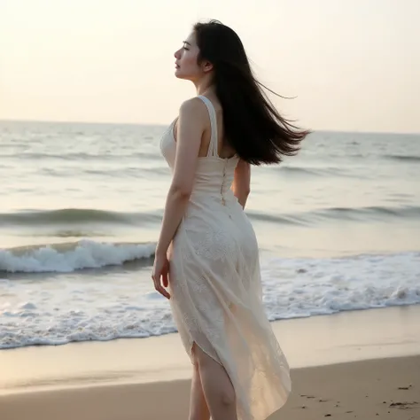 Nana, an exquisitely gorgeous South Korean woman, who exudes a serene and feminine gaze that seems to calm the very essence of the scene. Her long, straight black hair is adorned with dark brown highlights that dance gracefully in the early morning breeze....