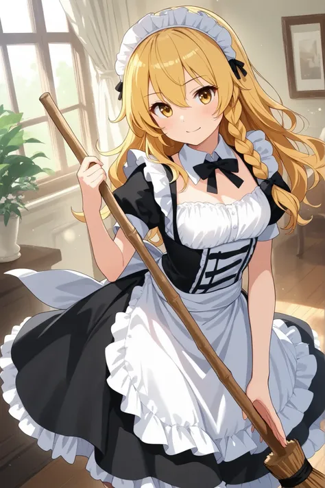 (Quality, 4k, A High Resolution, Masterpiece), Marisa Kirisame, blonde hair, long hair, side braid, golden eyes, maid costume, holding a broom 