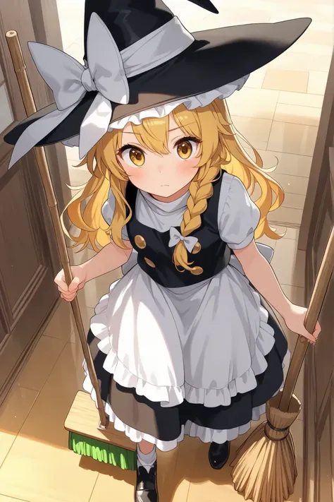 (Quality, 4k, A High Resolution, Masterpiece), Marisa Kirisame, blonde hair, long hair, side braid, golden eyes, holding a broom, sweeping the floor, looking at the floor 