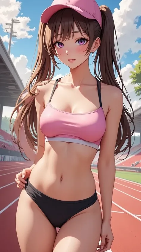  (masterpiece,   computer, mejor quality,   Clear focus, shadow, of the rays of God, Ultra high resolution, 8K, anatomía perfecta, perfect face, (detailed face), (detailed eye), score_9, score_8_above, score_7_above, score_6_above, score_5_above, score_4_above, kilde_ animated, Label 1, Label2, quality_masterpiece,  Anatomically correct , beautiful face, perfect face, Beautiful and highly detailed face and eyes,   Attractive Face  , detailed face, Delicate facial features, bare shoulders, huge breasts, breast size cup D or DD, wide hips, gigantic butt, thick thighs. looking at the viewer. fantastic environment. anime-style illustration with an elegant, slim build and pronounced bust, of long brown hair with pigtails and pink sports cap, tight and low-cut sports equipment on an athletic track. has an embarrassed expression, with flushed cheeks and drops of sweat on the face. The artistic style uses soft lines and bright colors, with a focus on transmitting emotion and shyness.