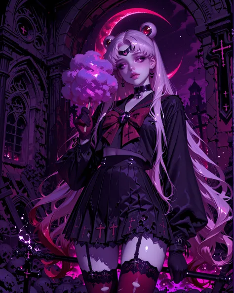 Gothic Sailor Moon girl, pale skin, slim and elegant body, long black flowing hair with subtle purple highlights, wearing a dark gothic sailor uniform (black and deep red tones, lace, torn pleated skirt, thigh-high stockings with crosses, gothic choker, gl...