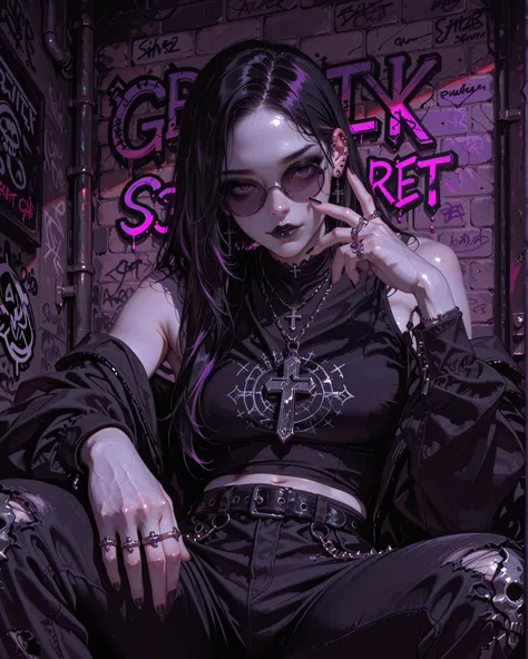 (( high angle)) Gothic rapper girl, pale skin, urban goth-rap style, wearing oversized black tank top, baggy gothic streetwear pants, chunky belt, gothic details in fabric, silver chains, and bling bling rapper necklace with cross pendant. She is seated in...