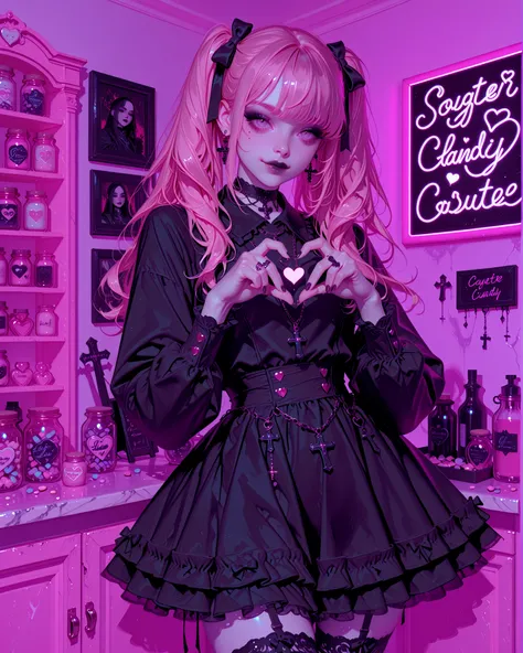 Gothic coquette girl, pale skin, slim body, wearing a delicate coquette-style outfit: short frilly dress in soft pink with black lace details, ribbons, and stockings, with gothic accents in silver and dark tones. Accessories include a black choker, layered...