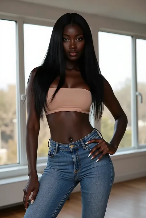 detailed eyes, Premium full-body portrait of a very slender, statuesque black woman with deep, dark skin and the presence of a high-fashion model. She has striking, seductive eyes and exceptionally long jet-black hair, deliberately straightened, falling in...