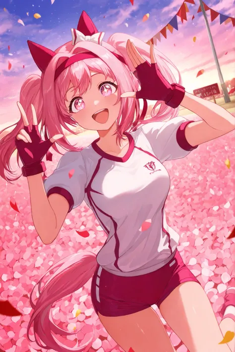 An animated Haru Urara girl is captured in a moment of joyful exuberance, , her energetic pose radiates fun and liveliness, combed at the height of shoulders stylized in dynamic twin tails, that is fastened with a headband and ribbons, , increasing her pla...