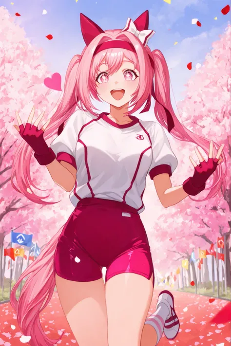 An animated Haru Urara girl is captured in a moment of joyful exuberance, , her energetic pose radiates fun and liveliness, combed at the height of shoulders stylized in dynamic twin tails, that is fastened with a headband and ribbons, , increasing her pla...