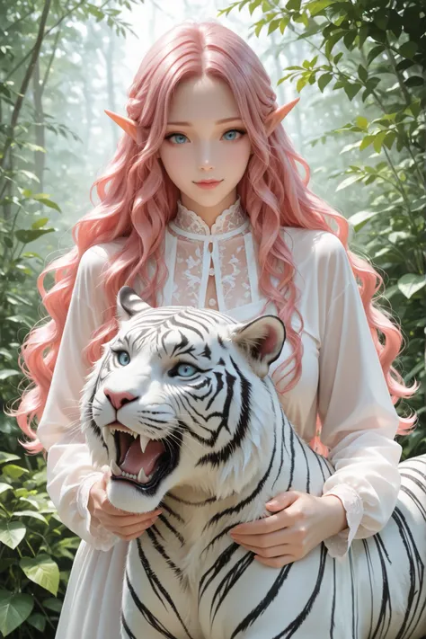 Woman, long wavy hair, blue eyes, pink hair, elf, near a tiger, white tiger, white tiger