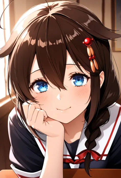 masterpiece, Highest Quality, very aesthetic, anime, high quality, detailed background, 1girl, shigure_kancolle,
 Sigure _ship this, School Uniform, sailor suit, single braids, stupid hair, brown hair, blue eyes, braids, hair ornaments,
, Delicious face, c...