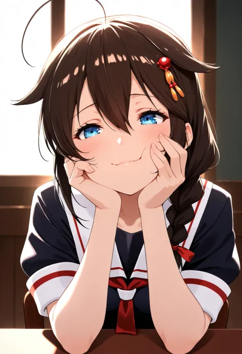 masterpiece, Highest Quality, very aesthetic, anime, high quality, detailed background, 1girl, shigure_kancolle,
 Sigure _ship this, School Uniform, sailor suit, single braids, stupid hair, brown hair, blue eyes, braids, hair ornaments,
, Delicious face, c...