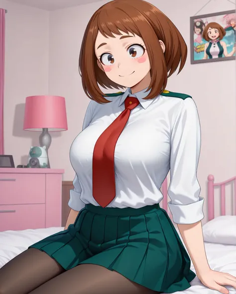 Happy, happy expression,
chilling, sitting, front view, cowboy shot,
Ochako Uraraka \My hero academia\,
brown hair, brown eyes, short hair, blush stickers, medium breasts, mature female,
u.a. school uniform,
white collared shirt, white shirt, colla...