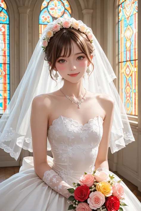 masterpiece,best quality,Ultra-detailed,sharp edges,clear focus, (Highest Quality), (8k RAW Photo), Professional photo, portrait of a beautiful Japanese girl in a lace wedding dress, floral bridal headdress, necklace, dangle-earrings, wedding dress, lacy g...