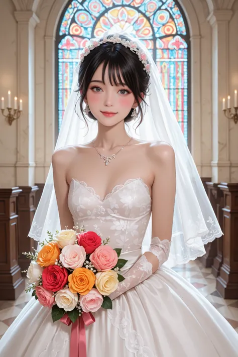 masterpiece,best quality,Ultra-detailed,sharp edges,clear focus, (Highest Quality), (8k RAW Photo), Professional photo, portrait of a beautiful Japanese girl in a lace wedding dress, bridal headdress, necklace, dangle-earrings, wedding dress, lacy gloves, ...