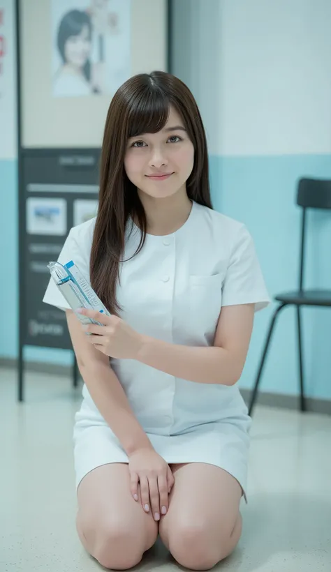 live-action、shot with a Canon EOS R5, 50mm lens, f/2.8 apertur、(masterpiece,best quality:1.4)、Highest Quality、ultra high definition、8k、Inside the hospital、 Examination Room、accentuate cleavage、Crouching with one knee on the floor、(gesture of crouching and ...