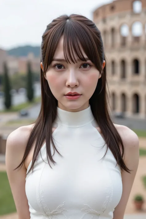This photo captures a beautiful Japanese woman.
She's a princess. transparent. pure.
She's wearing halter-neck white dress,
She's standing with the medieval Colosseum in the background.
The image is very high resolution, with clear skin texture.
The focu...