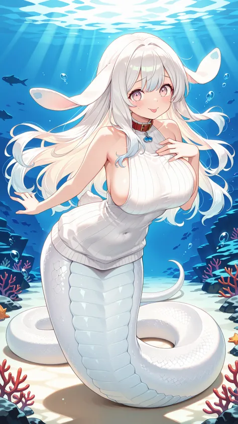 1 female, big boobs, Malicious Chess March Rabbit, blush,White hair,white sleeveless sweater,Touch the chest with both hands,red collar hanging around the neck,(Underwater:1.2),seabed,full body photo,Rabbit ears,masterpiece,Up to,HD,very beautiful,cute,abs...