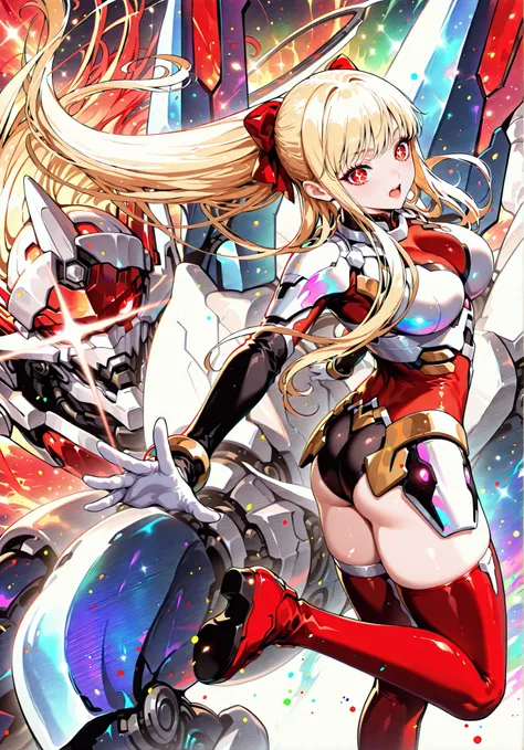 1girl, red retina ,iridescence, dramatic angle, (floating colorful sparkles:1.3), Dramatic Lighting, Chiaroscuro, Evocative Depth, big breast,