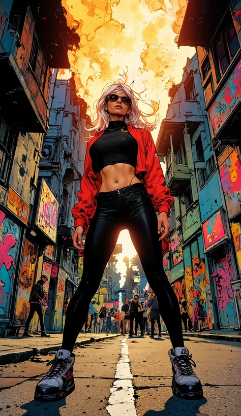 8k, Masterpiece, Top Quality, Low-angle, woman, sunglasses, formed fitted crop top, red and black tracksuit, chunky sneakers, standing forward leg pose, graffiti, flames, city street, buildings, people, comic-book style, bold outlines, bright colors, play...