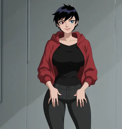 {{masterpiece, ultra-high quality, professionally detailed, professionally shaded}}, 2D, solo, single person, 1girl,short hair, Avengers Earth's Mightiest Heroes Style, black hair, absolutely huge breasts, absolutely thick thighs, absolutely wide hips, slim waist, heterochromia, blue eye, red eye, uncensored, tomboy, black pants, cartoon screencap, straight hair, ((tomboy)1:1), ((straight hair)1:1),  hoodie Jacket, Pixie cut, cowboy shot, long sleeves, adorable smile, red hoodie, Open jacket, black shirt 