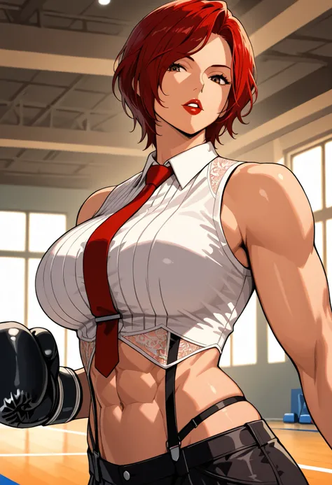Anime style, 1 girl, solo, looking at viewer, mature woman, ((Vanessa from KOF)), short red hair, waved hair, parted bangs down, brown eyes, red lips, parted lips, white tanktop, big breasts, abs, toned body, slim waist, attractive, motherly, red tie, lace...