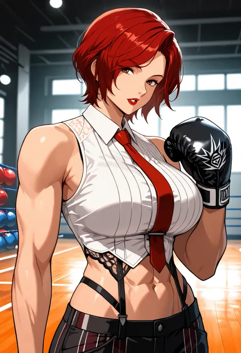 Anime style, 1 girl, solo, looking at viewer, mature woman, ((Vanessa from KOF)), short red hair, waved hair, parted bangs down, brown eyes, red lips, parted lips, white tanktop, big breasts, abs, toned body, slim waist, attractive, motherly, red tie, lace...
