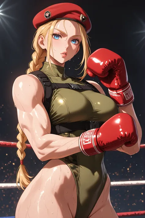 score_9, score_8_up, score_7_up, BREAK, score_9,  cammySDXL, 1girl, solo, long hair, breasts, looking at viewer, blue eyes, blonde hair, boxing gloves, hat, standing, braid, leotard, lips, muscular, sweating, beret, highleg, red headwear, highleg leotard, ...