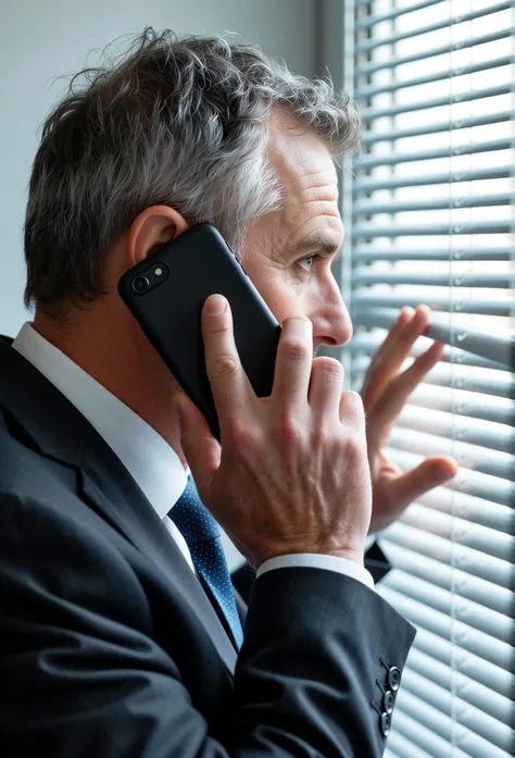 cinematic angle,Cinematic Lighting,Strong middle-aged man in a suit talking on his smartphone,spreads out the window blinds with his fingers and stares at the outside with a serious look through the gap,close up of a man's back,A scene from a detective drama