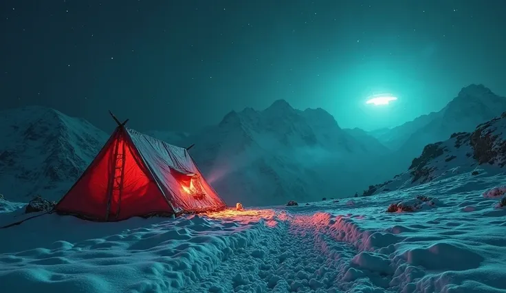 "Thumbnail estilo viral de YouTube, realistic cinematic design. An abandoned snow-capped mountain camp at night, torn tent illuminated by an intense red light, footprints disappearing into the dark. IN THE SKY, mysterious lights shining like UFOs in contra...