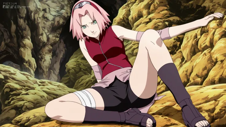 1girl,haruno sakura sitting , Seductive pose,look at viewer , BREAK pink hair, short hair, red hairband, green eyes, parted bangs, BREAK red sleeveless minidress, zipper, pink miniskirt, bandaged thigh, BREAK medium breasts, beautiful body, beautiful legs ...