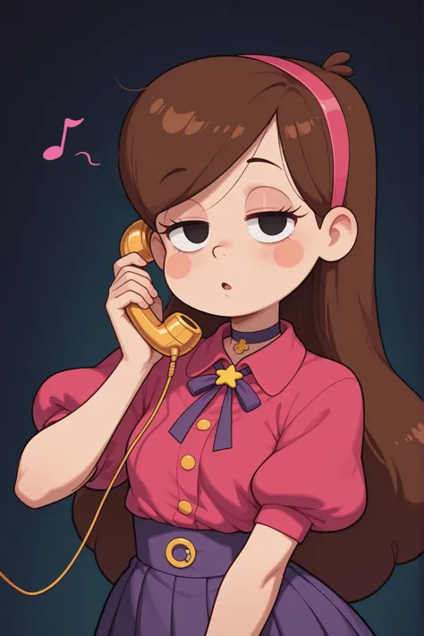 Mabel Pines, blush stickers, brown hair. black eyes. half-closed eyes, small breasts, huge hips. long eyelashes, choker. | Asia hypnotized by music from phone, score_9, anime, 1girl, lewd, smooth, mind control, hypnosis, ((empty eyes)), hypnotic music musi...