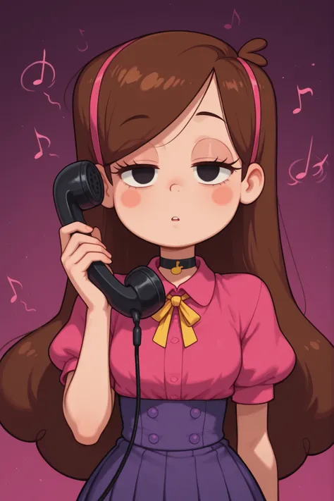 Mabel Pines, blush stickers, brown hair. black eyes. half-closed eyes, small breasts, huge hips. long eyelashes, choker. | Asia hypnotized by music from phone, score_9, anime, 1girl, lewd, smooth, mind control, hypnosis, ((empty eyes)), hypnotic music musi...