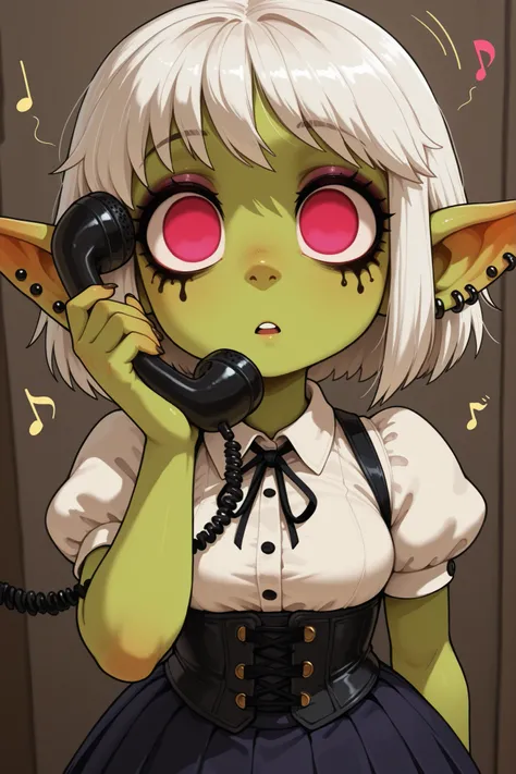 female punk, white hair, short hair, red eye , facial piercings, eye makeup, flat breasts, meduim hips, (goblin girl:1.0) (shortstack:1.0) (green skin:1.0) Asia hypnotized by music from phone, score_9, anime, 1girl, lewd, smooth, mind control, hypnosis, ((...
