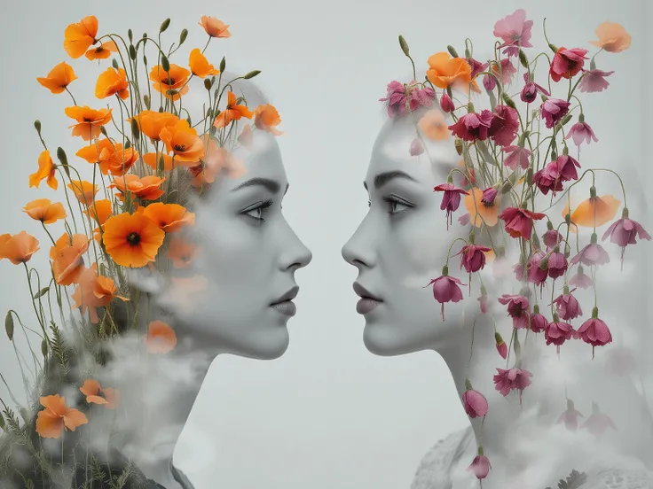 breathtaking surreal masterpiece. 8k. complex double exposure portrait using Relander's technique: Two female profiles face each other, shot against pure white background. Their porcelain-white skin creates luminous base, with facial features clear yet eth...