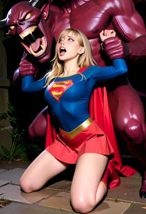 Melissa Benoist as Supergirl, she is defeated from fighting with a huge body devil, screaming in pain, she is kneeling and sexual assault by the devil, the devil is harassing her and rape her hardly, hyperrealism, realistic picture,