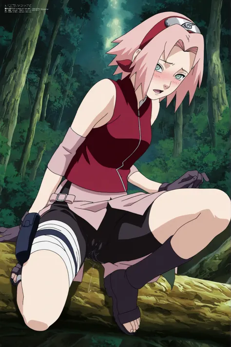 1girl,haruno sakura sitting on wood, Posing in a sexy, seductive pose,lift 1 leg,look at viewer,bandaged thigh,nsfw,score_9,score_8_up,score_7_up,source anime,anime coloring,intricate details, , masterpiece,best quality,amazing quality,professional quality...