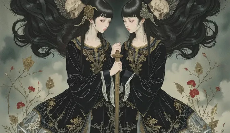 Twin Souls,2girl,black hair,wearing black dress,doll-like,melancholic,depression,pale skin,dramatic,vivid color,horror and beautifull,by gustavklimt
