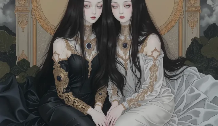 Twin Souls,2girl,black hair,wearing black dress,doll-like,melancholic,depression,pale skin,dramatic,vivid color,horror and beautifull,by gustavklimt