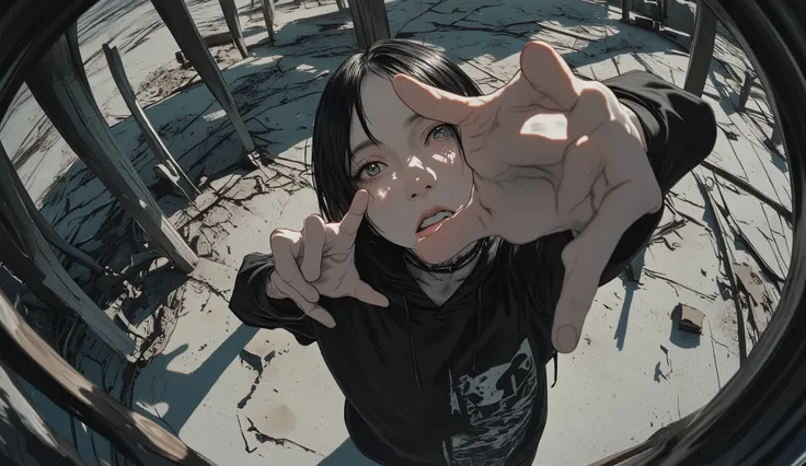 Nsfw,Naked,Fisheye Wide Angle , black hoodie , Fisheye Wide Angle 1 Mori Gatterpunk's Young Man , 、The expression and outfit are 、. Shadows at your feet、 High Angle and Strong Fisheye Perspective , The background is ruins、 anatomically accurate、A...