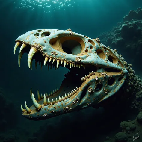 APEX PREDATOR DETAILS: Ultra-close documentation of massive marine predator skull features and battle-damaged vessel, combining all key aspects in multiple dramatic angles.

DENTAL & BATTLE STRUCTURE:
- Massive fangs showing crystallized mineralization
- D...