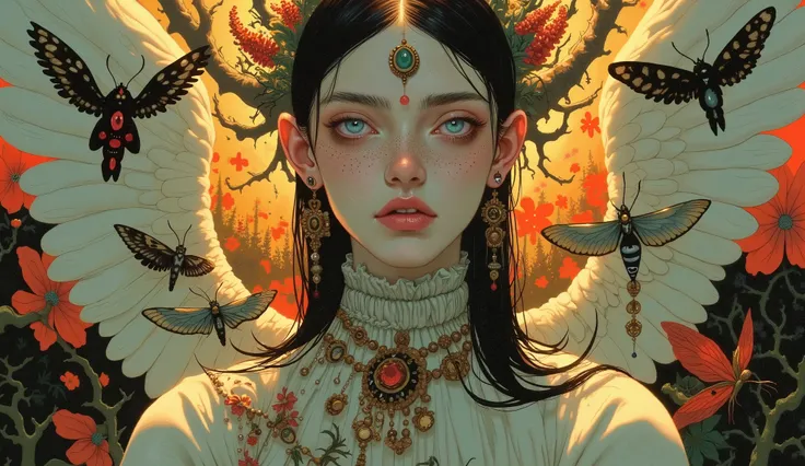 Nsfw,Naked,guaiwupi_bb,DFM,ethereal fantasy. close up portrait. a woman in floral jewelry and delicate, shining fantasy wings, among a swirling, shimmering flock of moths against a soft, moonlit golden woodland landscape. ethereal fantasy super destroyed f...