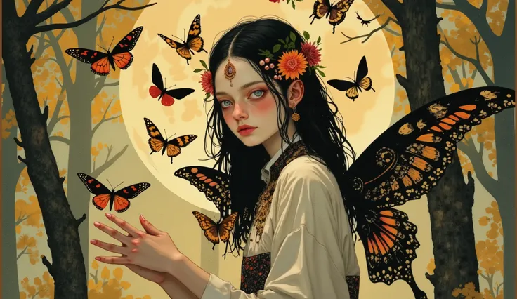 Nsfw,Naked,guaiwupi_bb,DFM,ethereal fantasy. close up portrait. a woman in floral jewelry and delicate, shining fantasy wings, among a swirling, shimmering flock of moths against a soft, moonlit golden woodland landscape. ethereal fantasy super destroyed f...