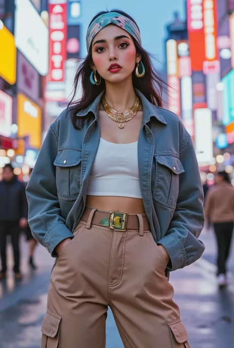 Princess Jasmine reimagined as a modern urban icon, youthful and elegant, styled with a fusion of utility wear and feminine fashion. Outfit combines structured cargo elements with flowing, delicate fabrics — cropped utility jacket, belted high-waist pants ...