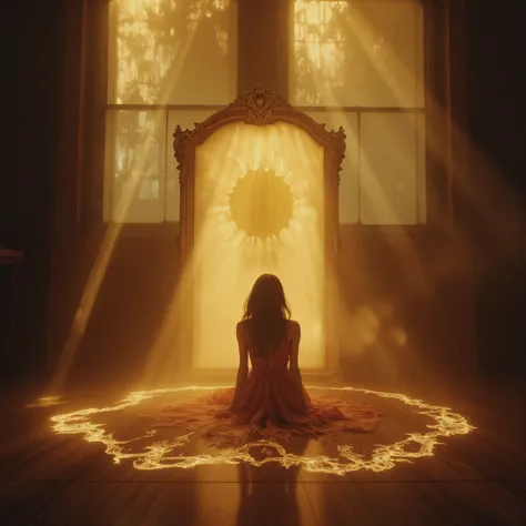 Ultra-realistic, photo-realistic, ultra-detailed, physically-based rendering, professional movie quality imagery, cinematography, full focus, UHDR, highres, startling, stunning, visually intoxicating. Transcendent solar phenomena: Woman sits before Victori...