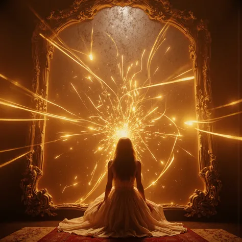 Ultra-realistic, photo-realistic, ultra-detailed, physically-based rendering, professional movie quality imagery, cinematography, full focus, UHDR, highres, startling, stunning, visually intoxicating. Transcendent solar phenomena: Woman sits before Victori...