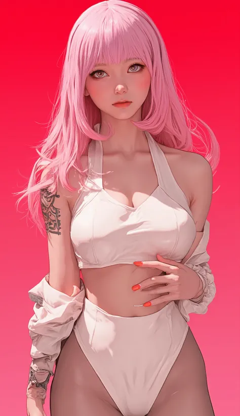 A beautiful Japanese woman with fair skin, long hair and straight salmon-pink bangs, large breasts, wearing a white bikini, pink makeup on her cheeks, which gives her a delicate and feminine look, red eyeliner, matte red nails, highlighting certain aspects...