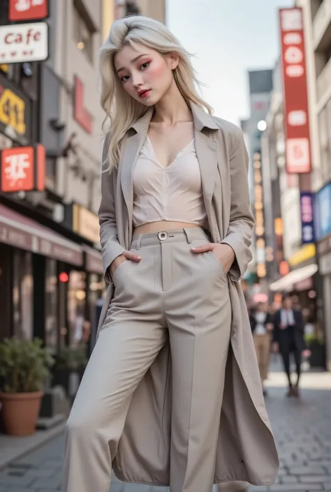 
  A modernized, urban reimagining of Elsa inspired by contemporary travel photography aesthetics. 
  She stands in a lively street scene, captured mid-pose as if in a candid travel shot, full of movement and energy. 
  Her hair is styled in a sleek, sligh...