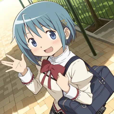 masterpiece, best quality, newest, absurdres, highres, safe, anime style, anime capture, anime screen, 1girl, solo, mahou shoujo madoka magica, miki sayaka, blue eyes, blue hair, short hair, hairclip, mitakihara school uniform, collared shirt, juliet sleev...